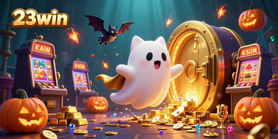 Join the fun with 23win as the ghost cat and vampire bat explore a lively haunted casino.