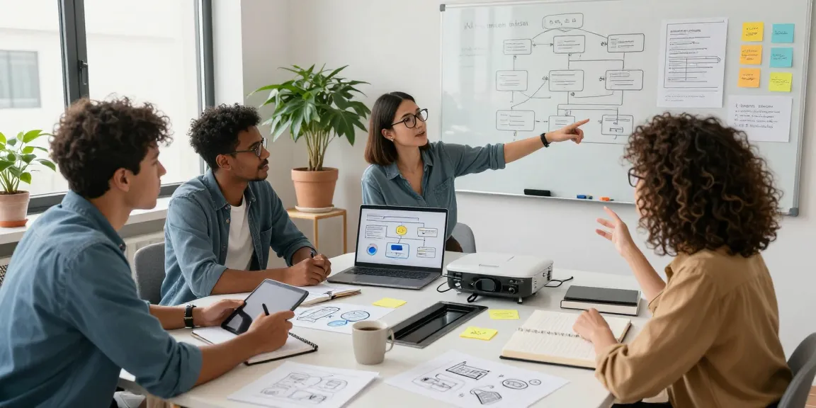 Building internal tools with AI in a collaborative workspace with professionals discussing ideas and processes.