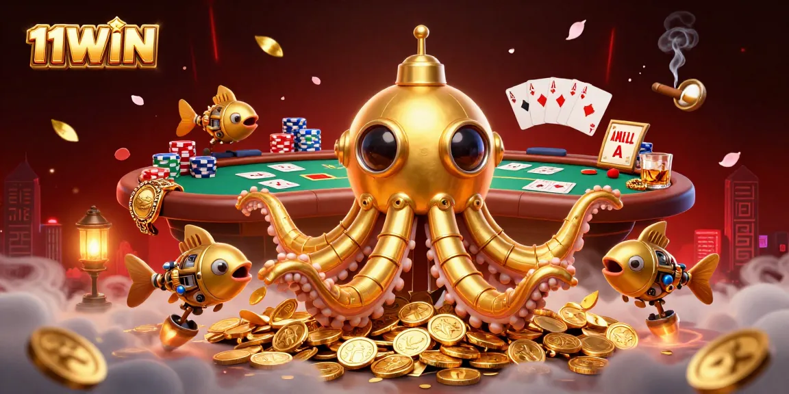 Experience thrilling action with 11WIN as a golden kraken submarine surfaces amidst a lively poker scene.