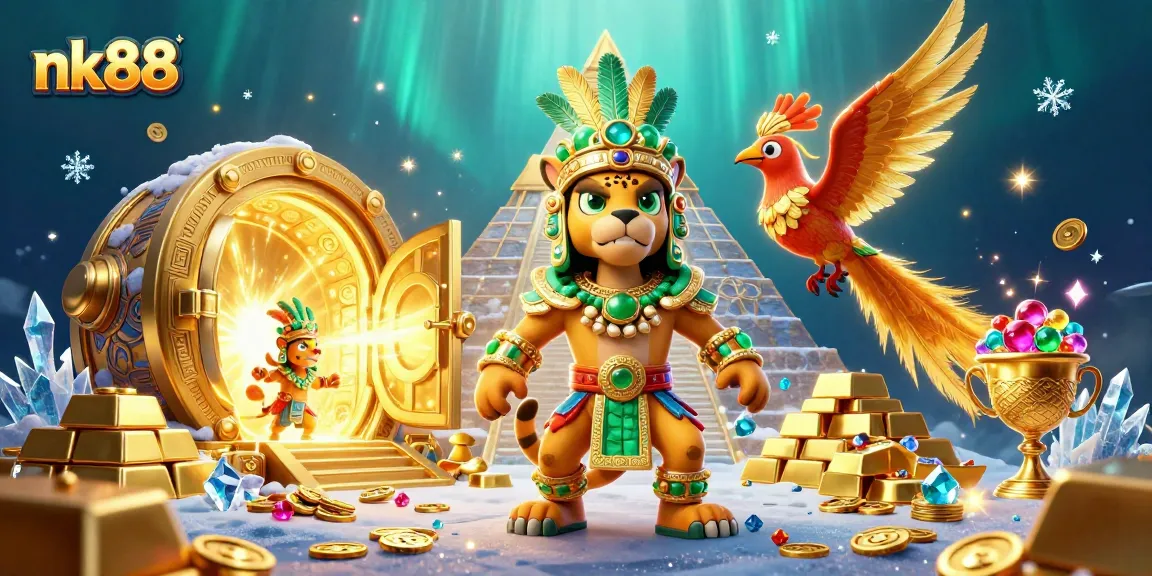 Engage with nk88 and immerse in a vibrant casino scene featuring Mayan elements and treasures.