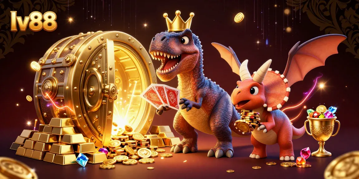 lv88 T-Rex shuffling cards with a pterodactyl assistant in a gold-filled casino scene