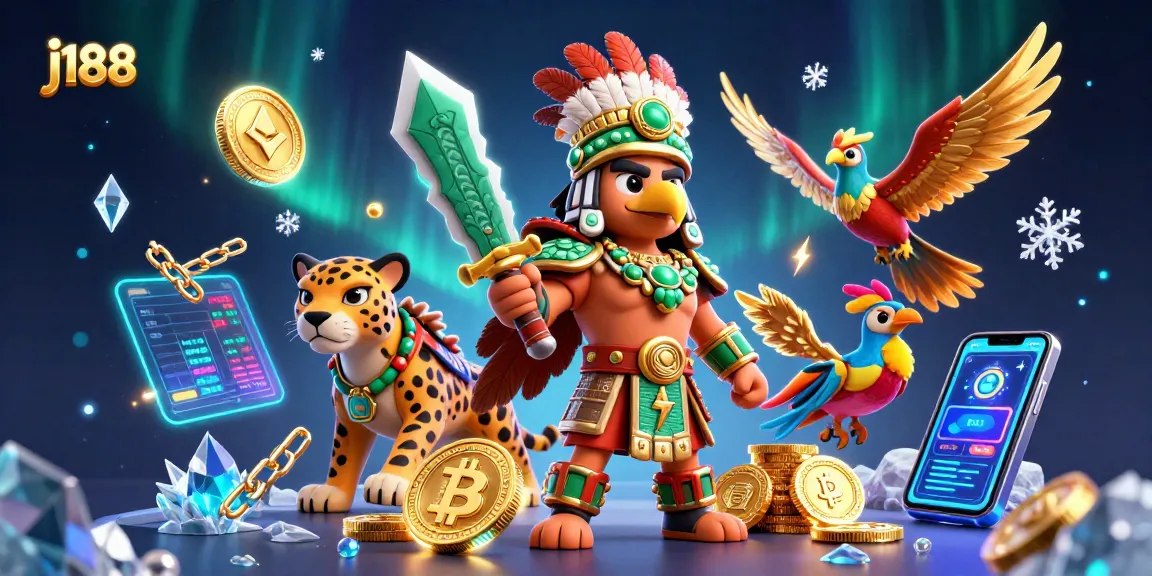 Spin to win with j188: A vibrant casino scene featuring Aztec warriors and glowing crypto elements.