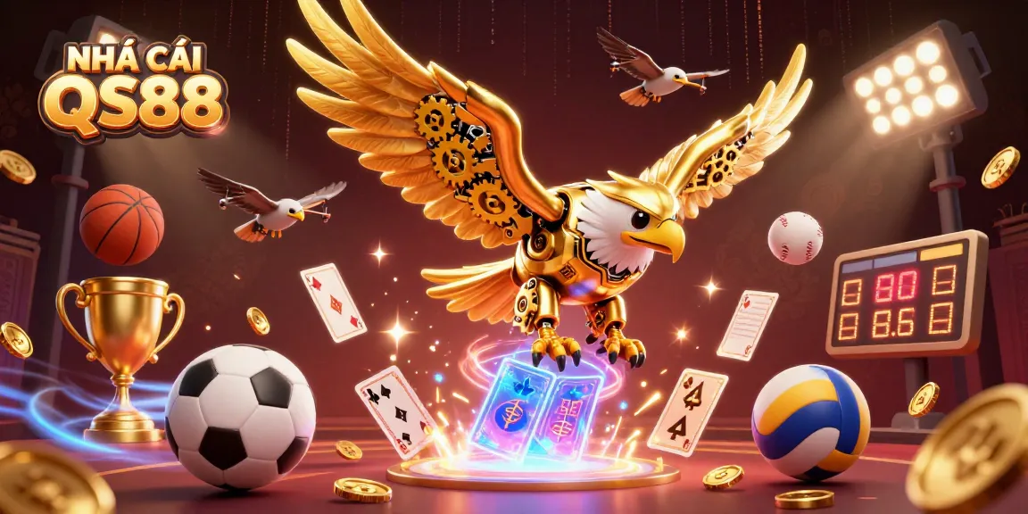 Experience the thrill of NHÀ CÁI QS88 with a vibrant 3D illustration showcasing a cybernetic eagle amidst dynamic casino elements.