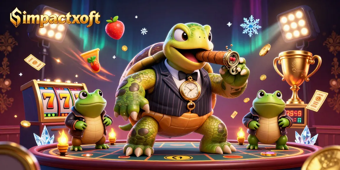 impactxoft showcases a vibrant casino scene with a mobster turtle and bullfrogs amid slot machine excitement.