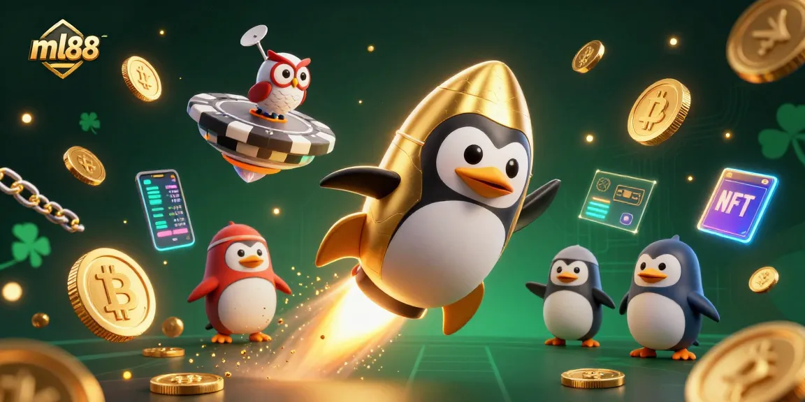 Experience the thrills of ml88 with this vibrant casino illustration featuring a golden penguin zooming through space.
