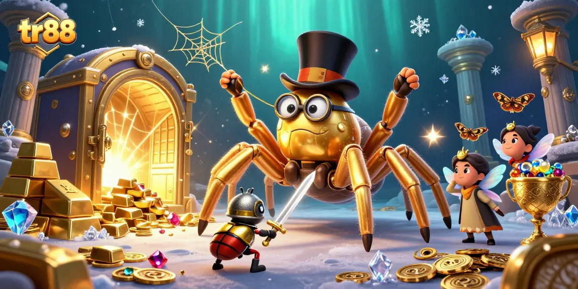 Engage with the vibrant tr88 online casino scene featuring a giant golden tarantula and treasure elements.