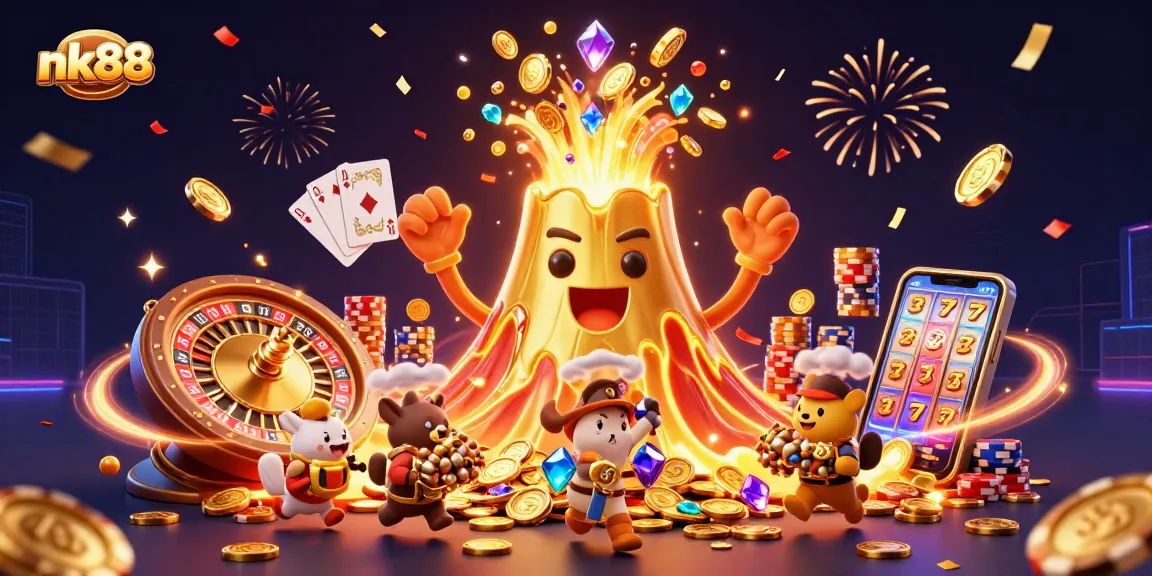 Experience the excitement of nk88 with a colorful 3D casino scene filled with treasures and gaming elements.