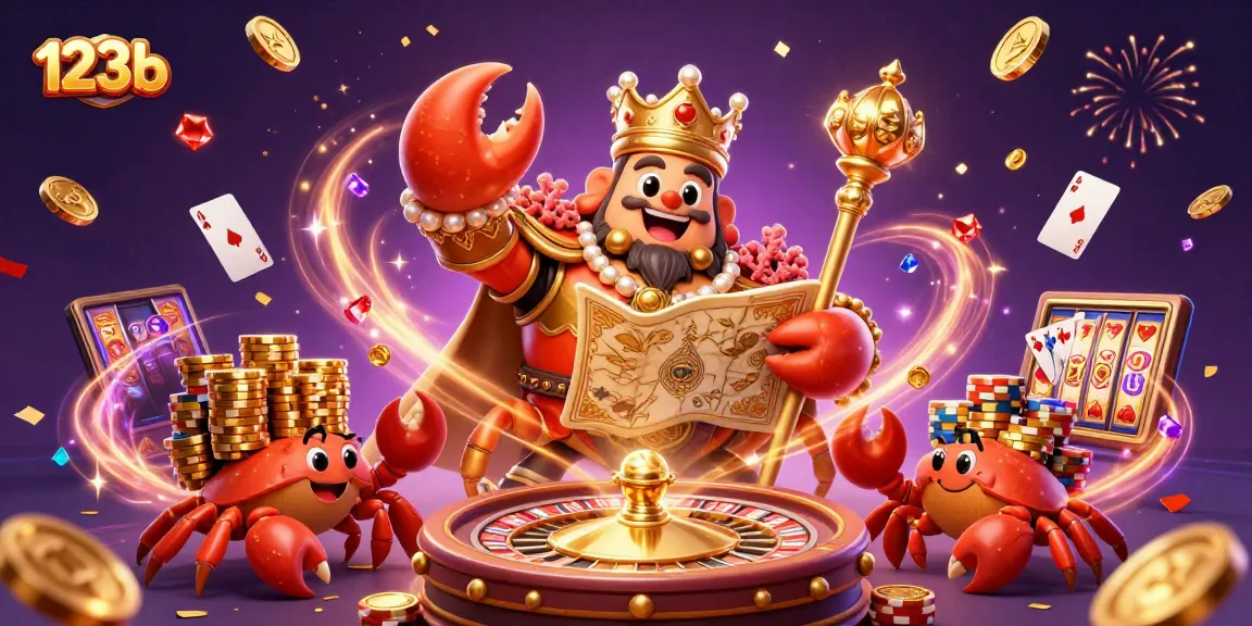 Experience thrilling wins at 123b with a vibrant illustration of a golden crab emperor amidst casino excitement.