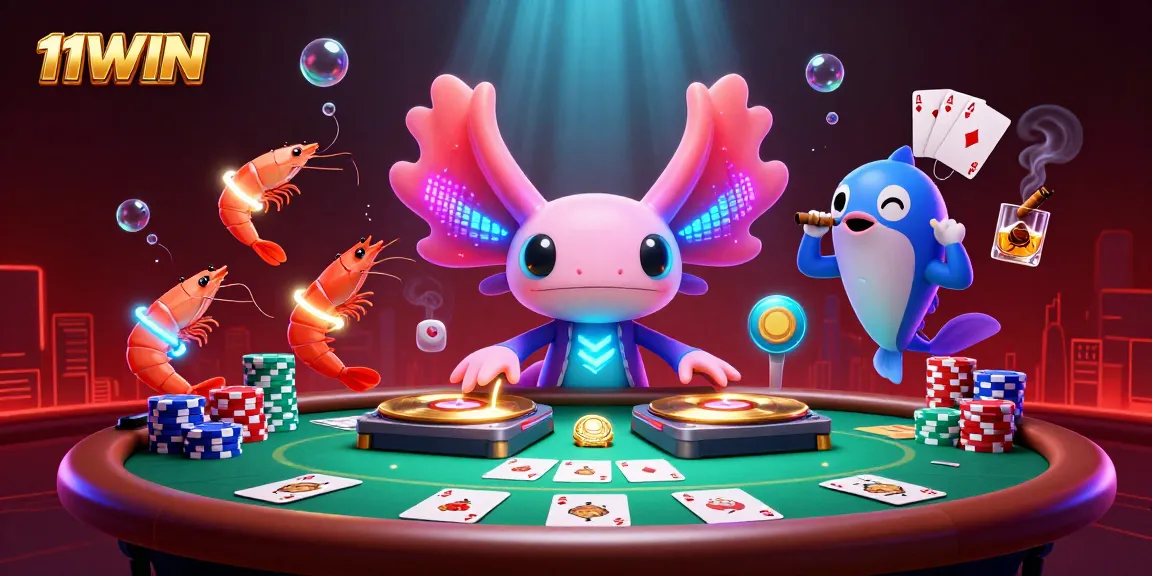 11WIN showcases a vibrant scene with a neon axolotl DJ and poker elements that energize the casino atmosphere.