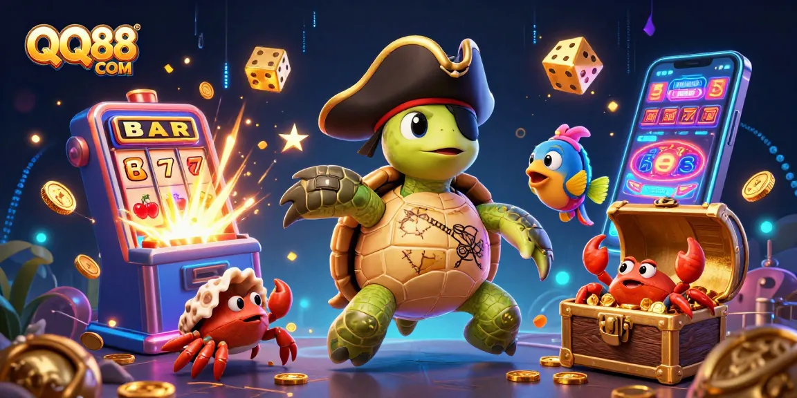 Engage with exciting games at QQ88 COM, featuring a dynamic scene with cartoon characters and vibrant casino elements.
