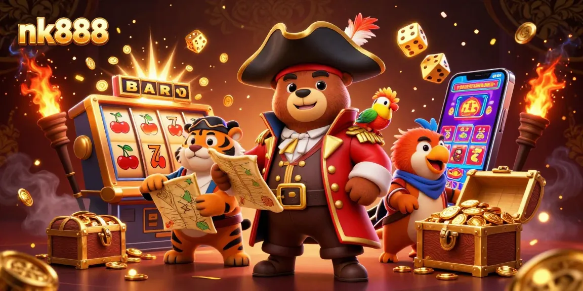 Experience thrilling gameplay with nk888 as the pirate captain and his crew discover treasures in this vibrant casino scene.