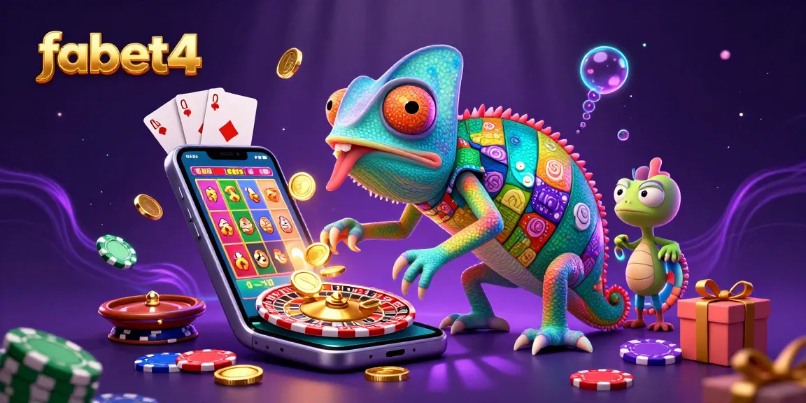Experience the vibrant action of fabet4 with a chameleon casino owner amidst exploding golden coins and rich slot game visuals.