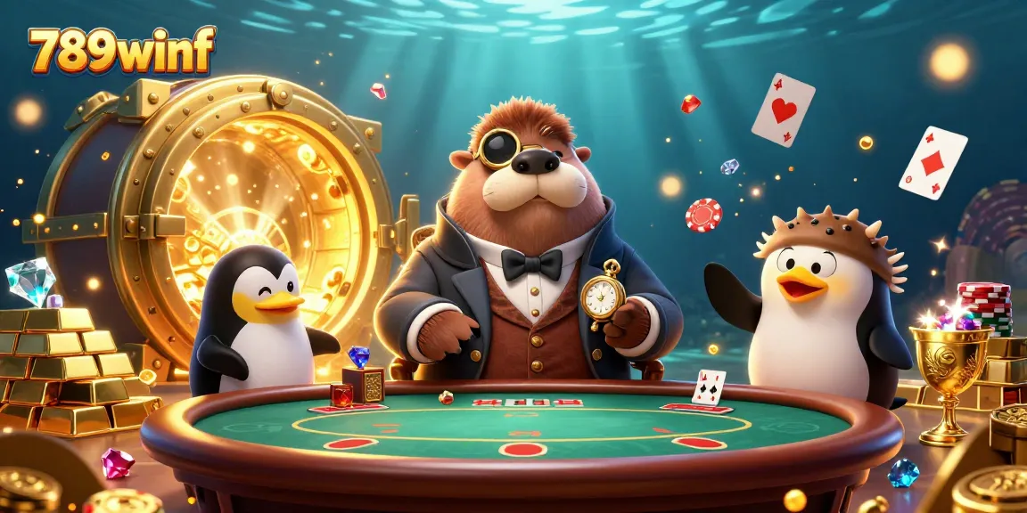 Engage in poker action with 789winf at an underwater casino featuring a stylish walrus and a sophisticated penguin dealer.